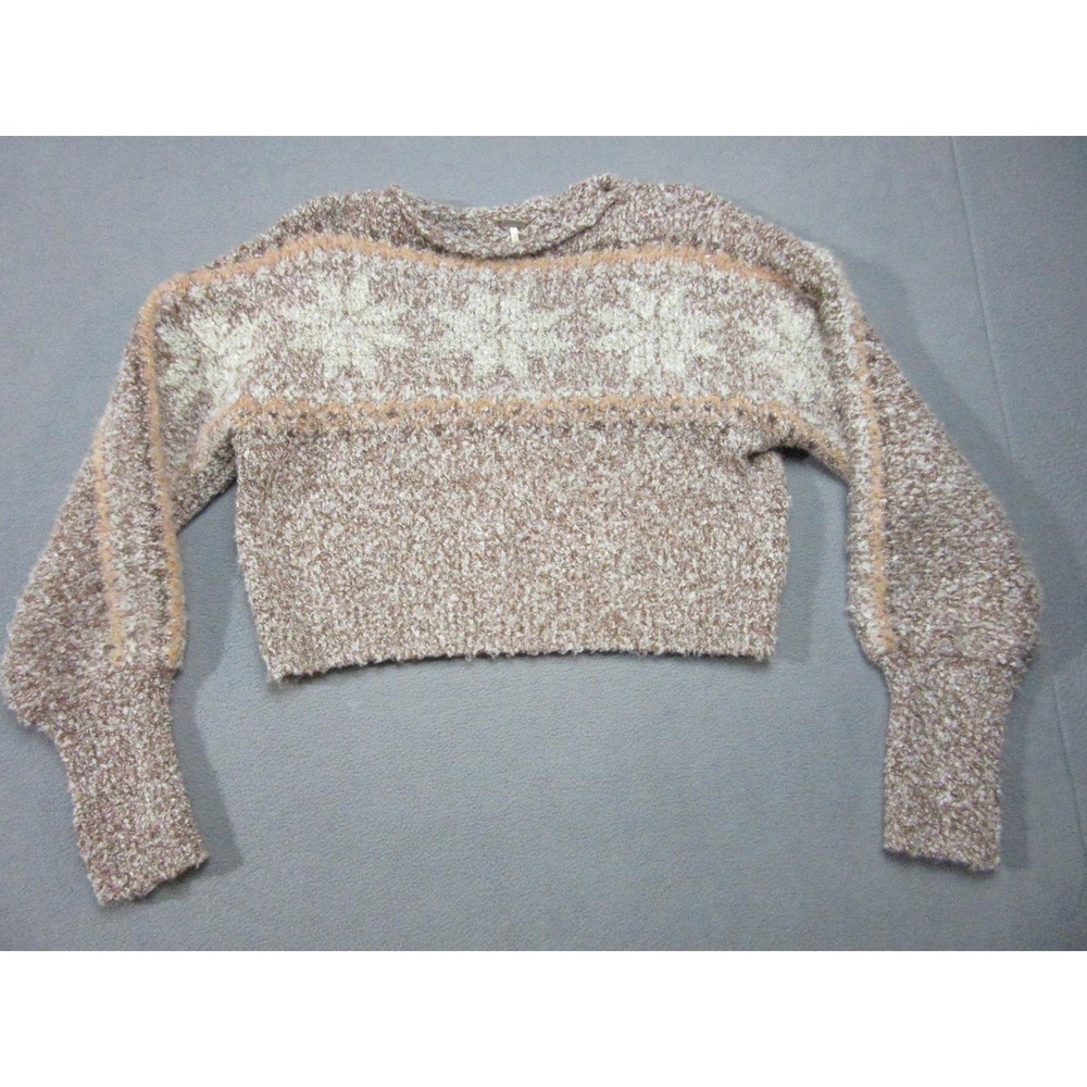Free People Sweater Womens Small Brown Fair Isle Cropped Boucle Balloon Sleeve